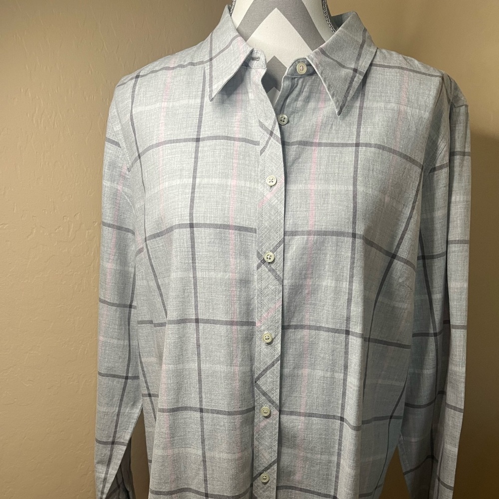 Talbots Light Gray and Pink Plaid Button Down Shirt
